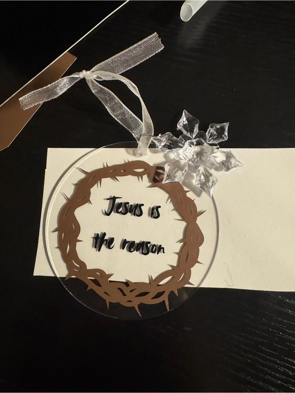 Clear Acrylic 'Jesus Is the Reason' Ornament with Brown Wreath